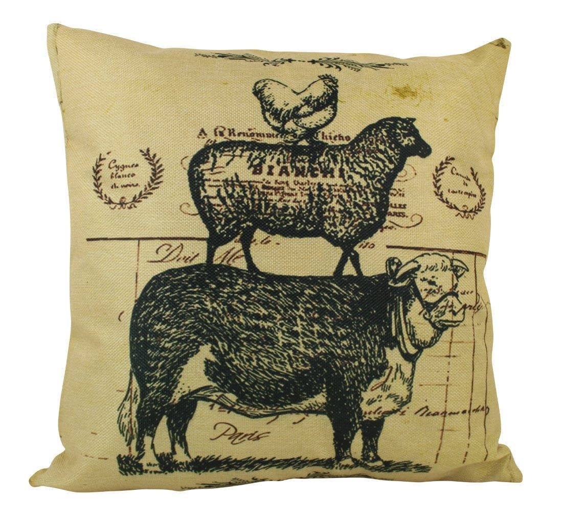 Farm Life Pillow Cover featuring vintage bull, sheep, and chicken design on a soft beige background.