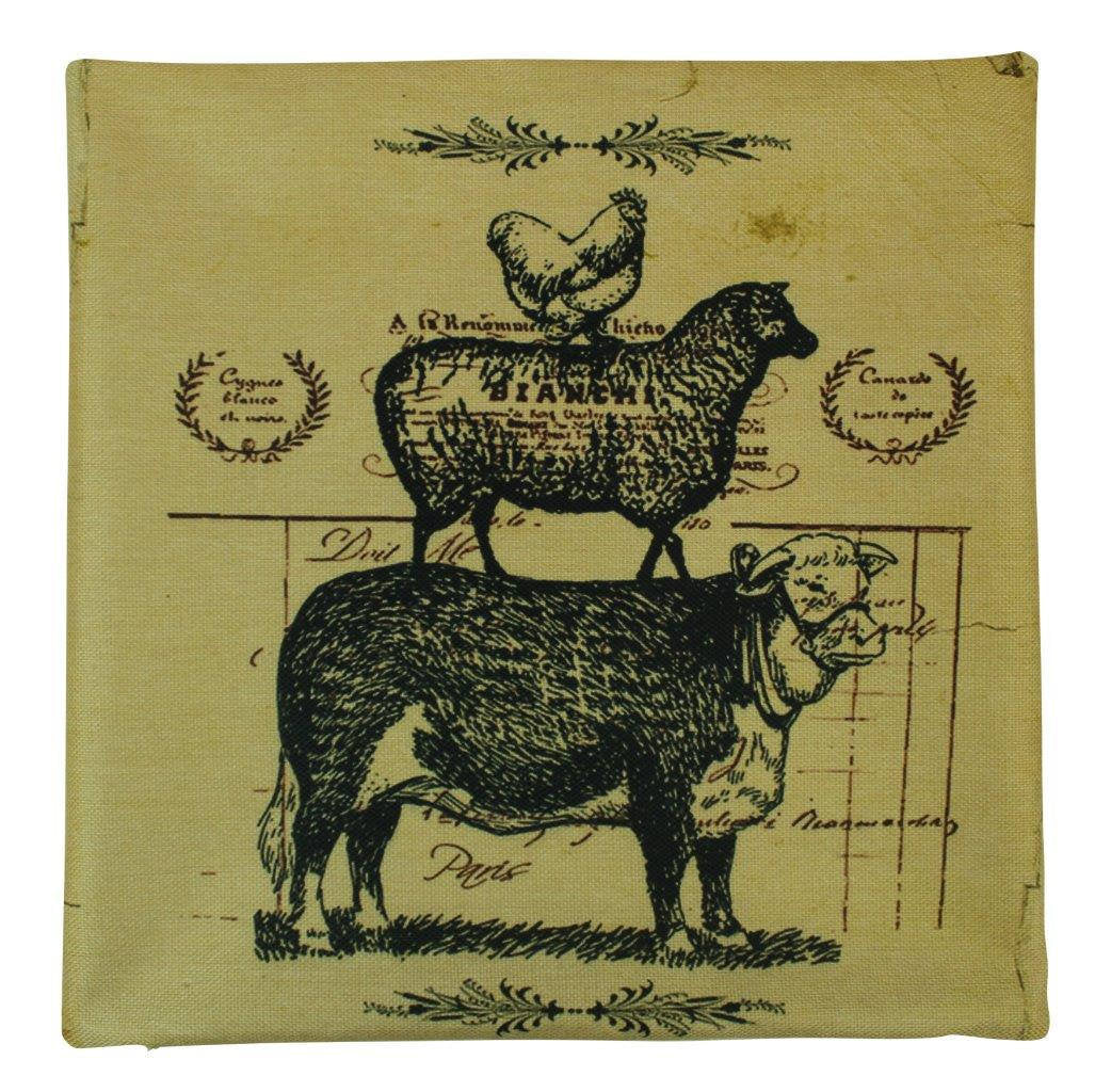 Farm Life Pillow Cover featuring vintage bull, sheep, and chicken design on a soft beige background.