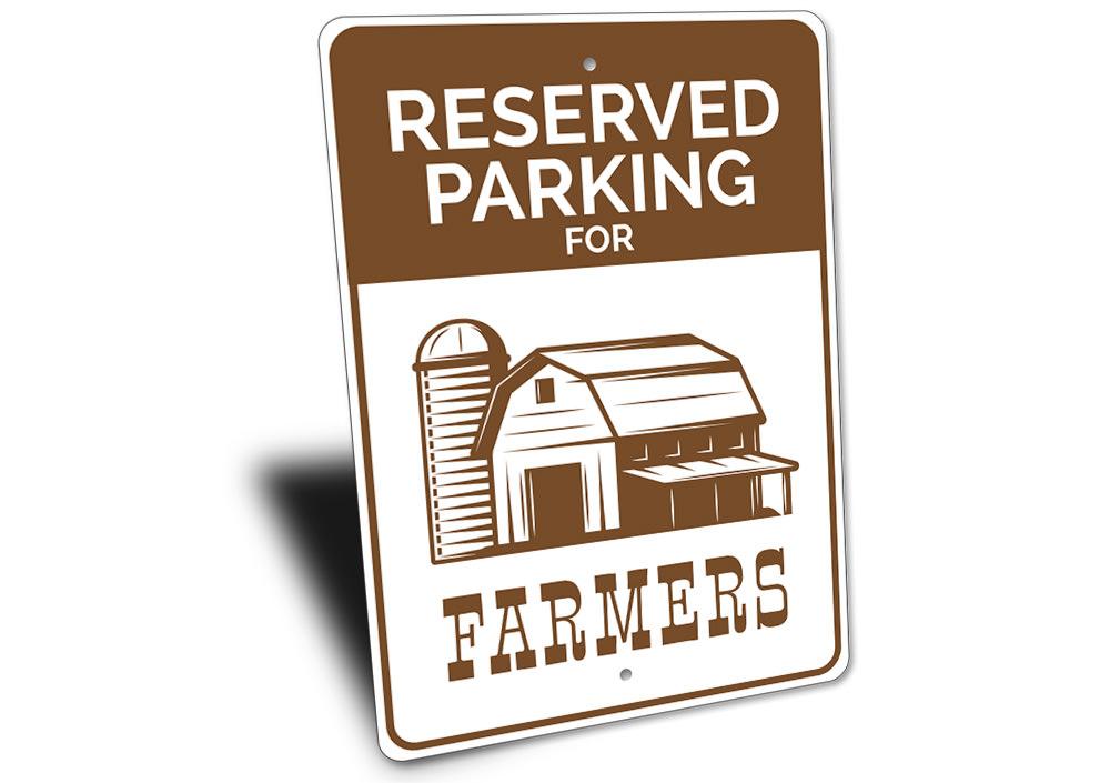 A decorative Farmer Parking Sign made of durable aluminum, featuring customizable text and pre-drilled holes for easy mounting.