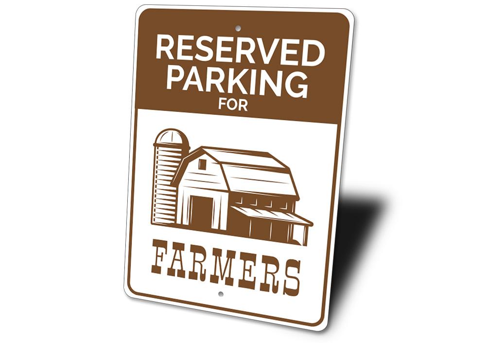 A decorative Farmer Parking Sign made of durable aluminum, featuring customizable text and pre-drilled holes for easy mounting.
