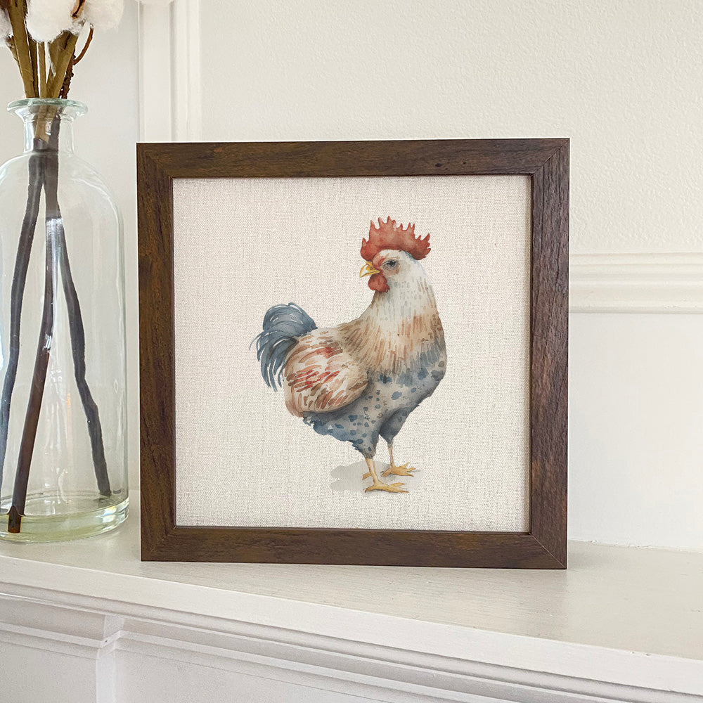 Farmhouse Chicken framed sign with a stylized wood frame and linen-look background, perfect for home decor.