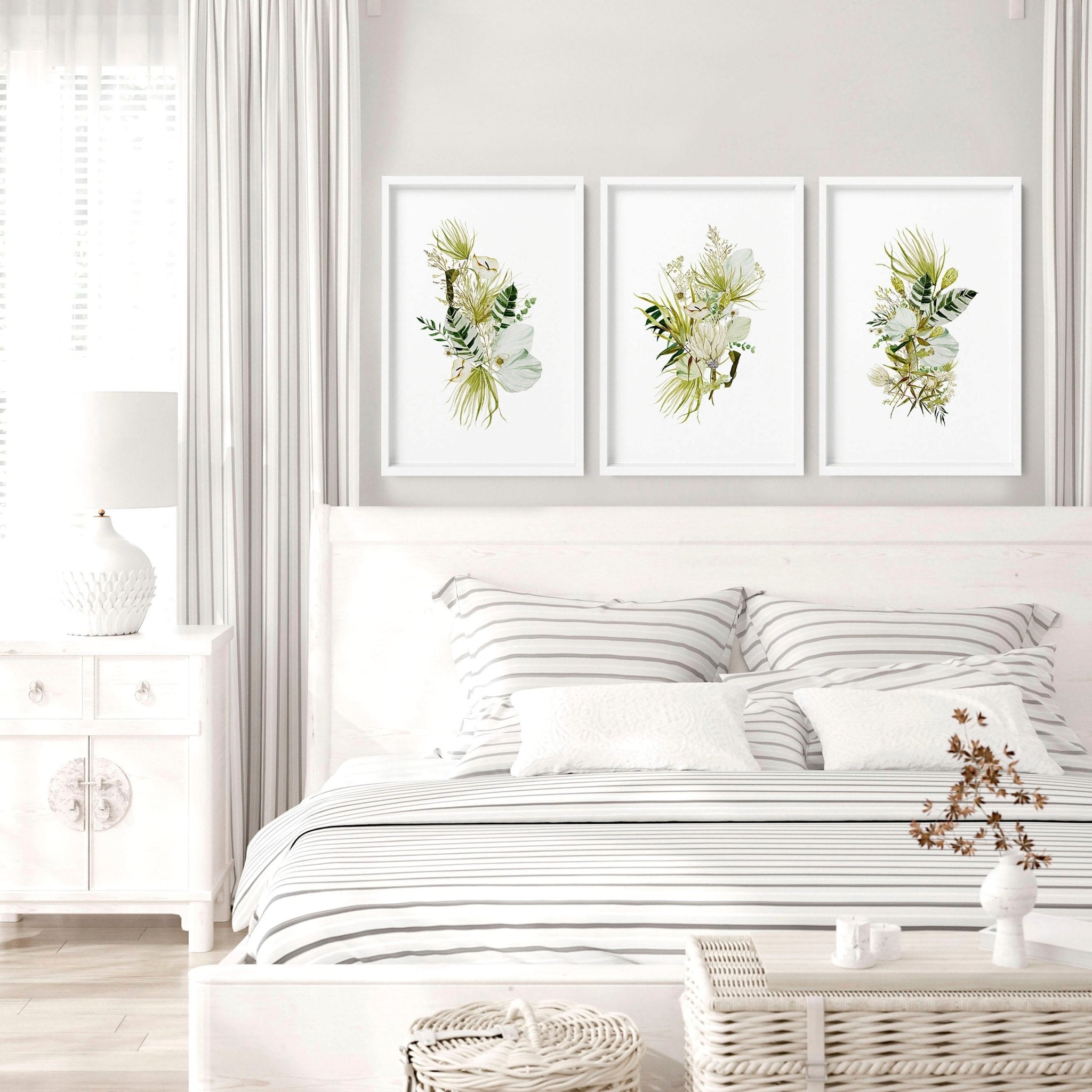 Set of 3 botanical wall art prints in lime green tones, showcasing intricate watercolor illustrations, perfect for farmhouse bedroom decor.