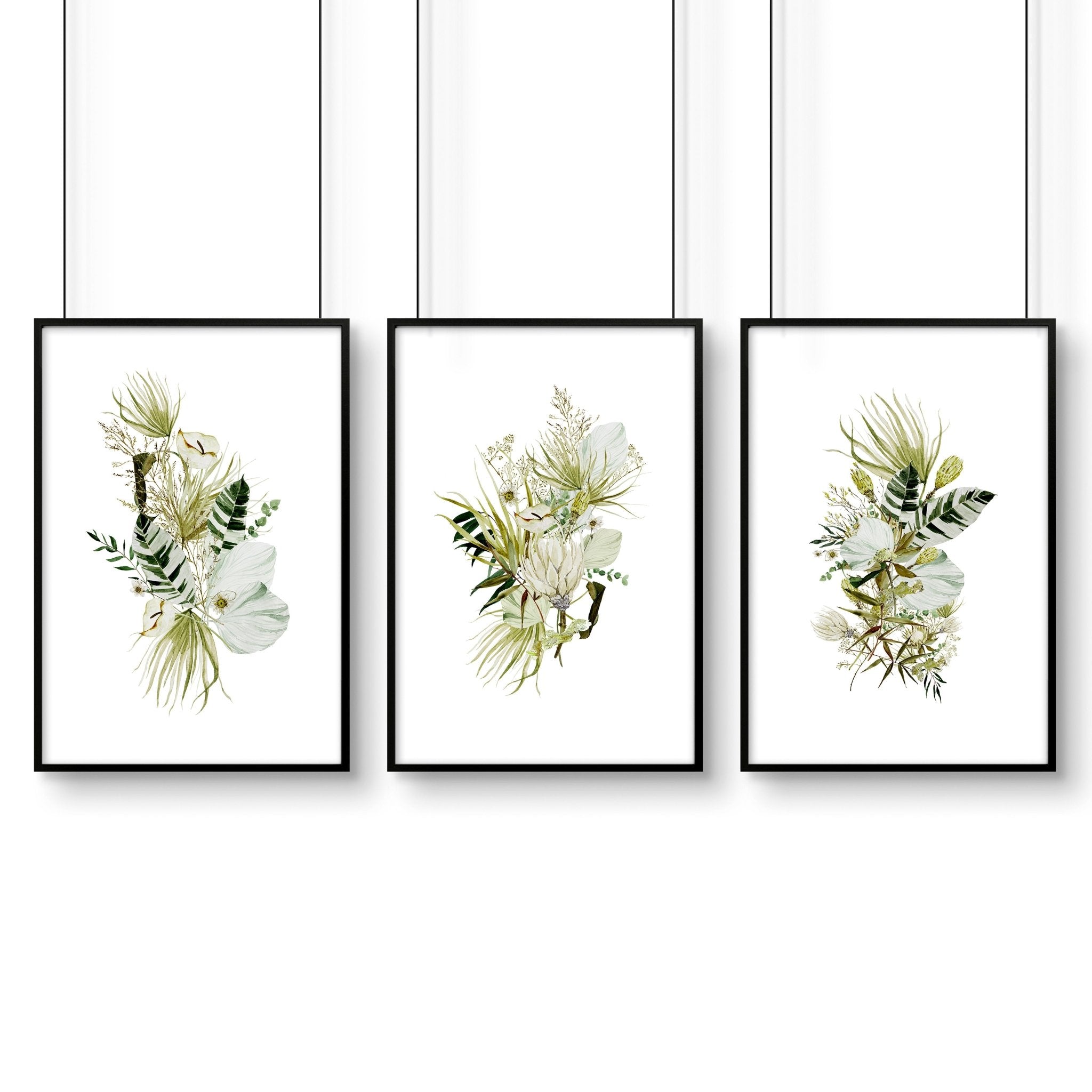 Set of 3 botanical wall art prints in lime green tones, showcasing intricate watercolor illustrations, perfect for farmhouse bedroom decor.