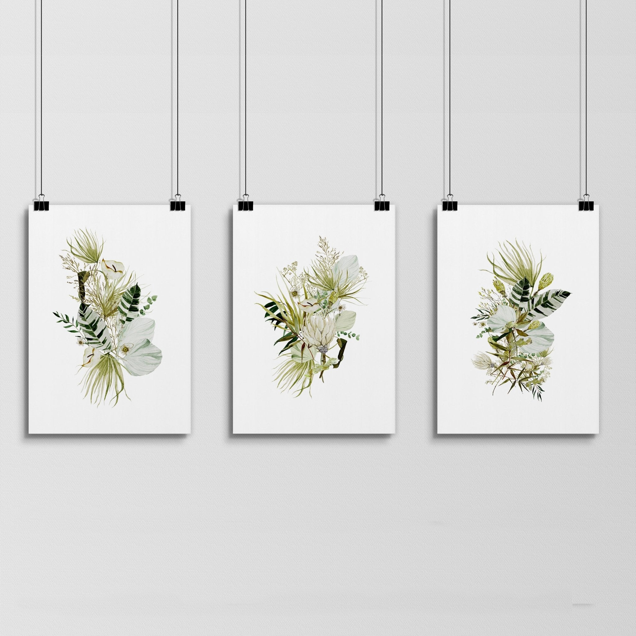 Set of 3 botanical wall art prints in lime green tones, showcasing intricate watercolor illustrations, perfect for farmhouse bedroom decor.