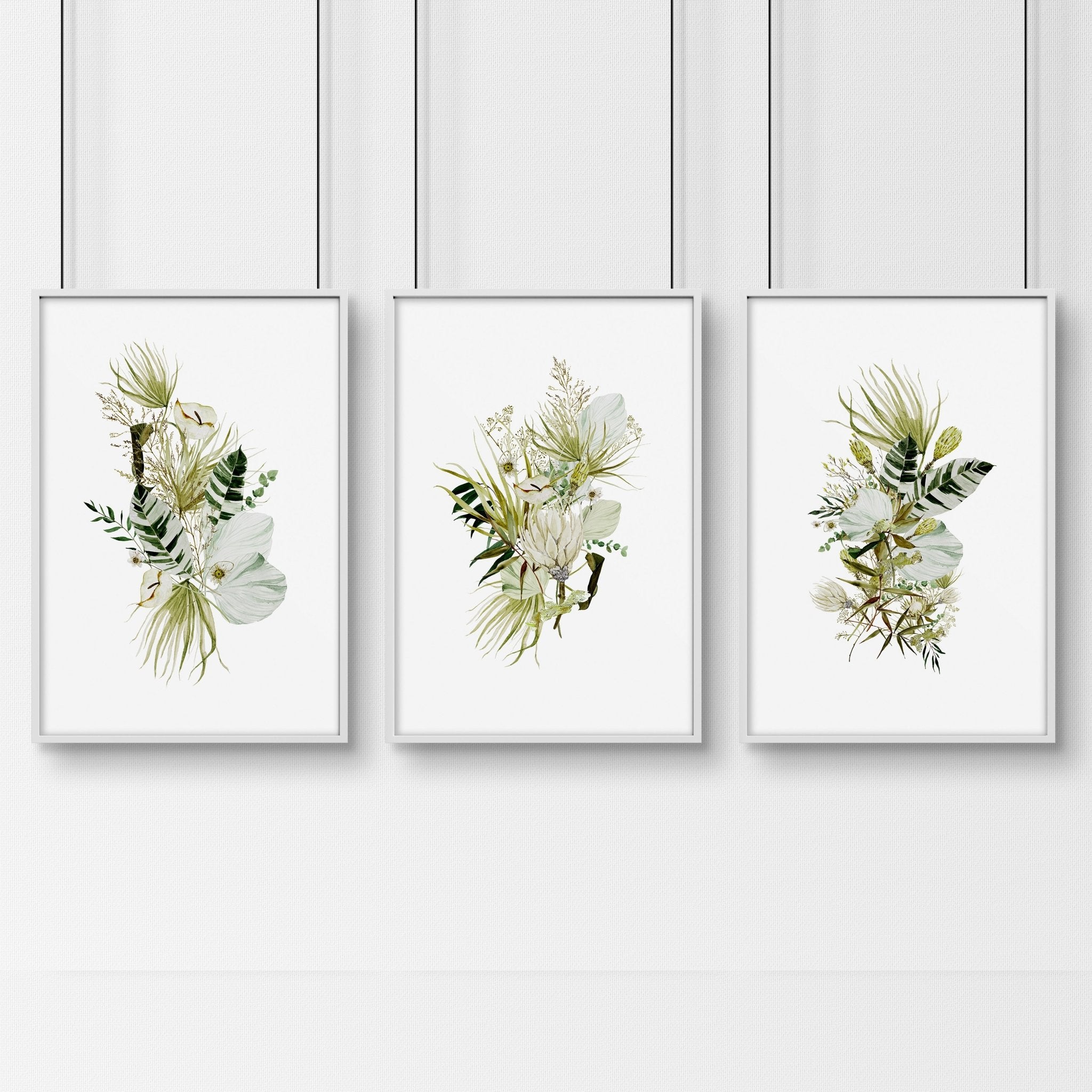 Set of 3 botanical wall art prints in lime green tones, showcasing intricate watercolor illustrations, perfect for farmhouse bedroom decor.