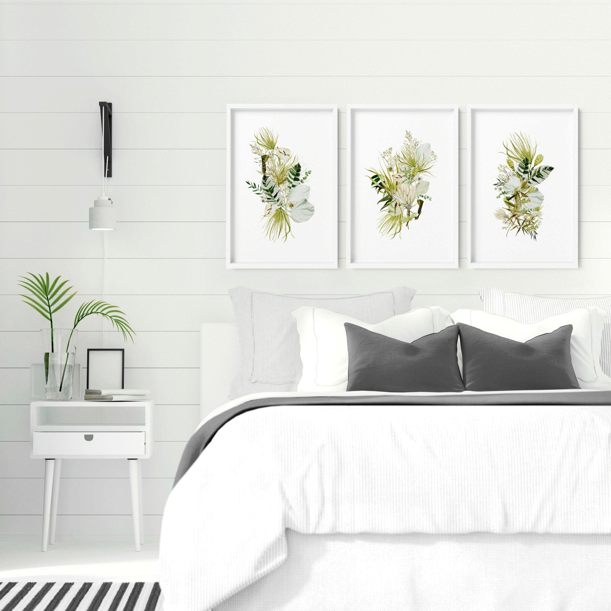 Set of 3 botanical wall art prints in lime green tones, showcasing intricate watercolor illustrations, perfect for farmhouse bedroom decor.