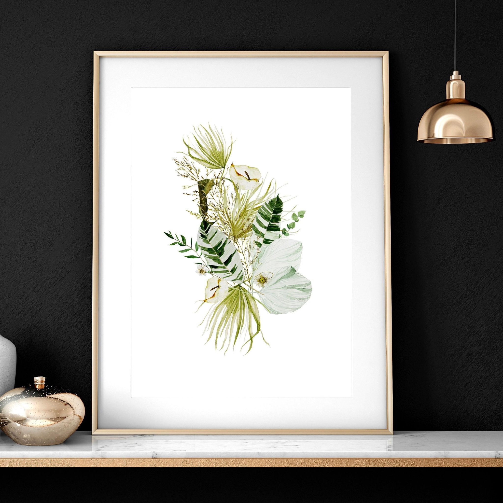 Set of 3 botanical wall art prints in lime green tones, showcasing intricate watercolor illustrations, perfect for farmhouse bedroom decor.
