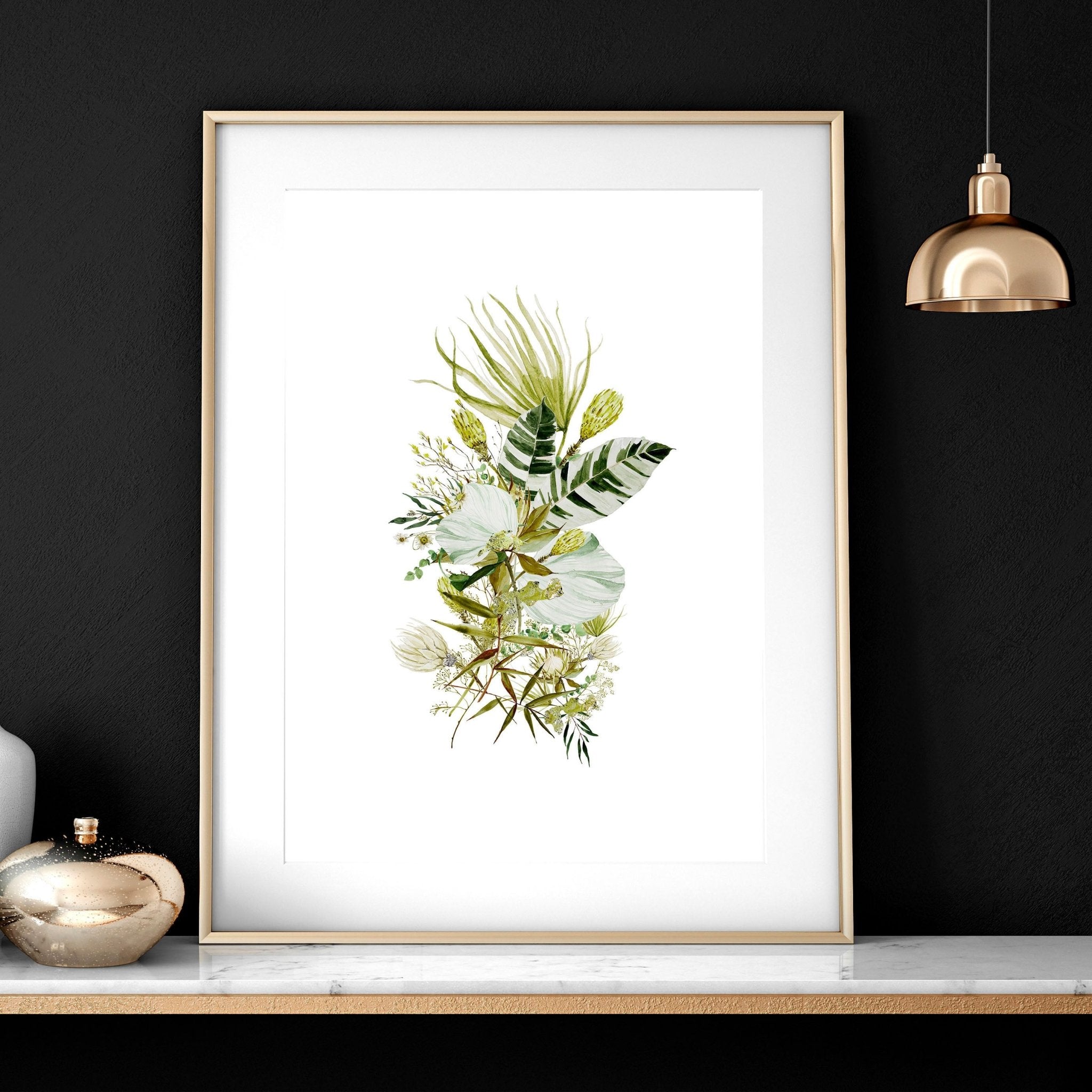 Set of 3 botanical wall art prints in lime green tones, showcasing intricate watercolor illustrations, perfect for farmhouse bedroom decor.