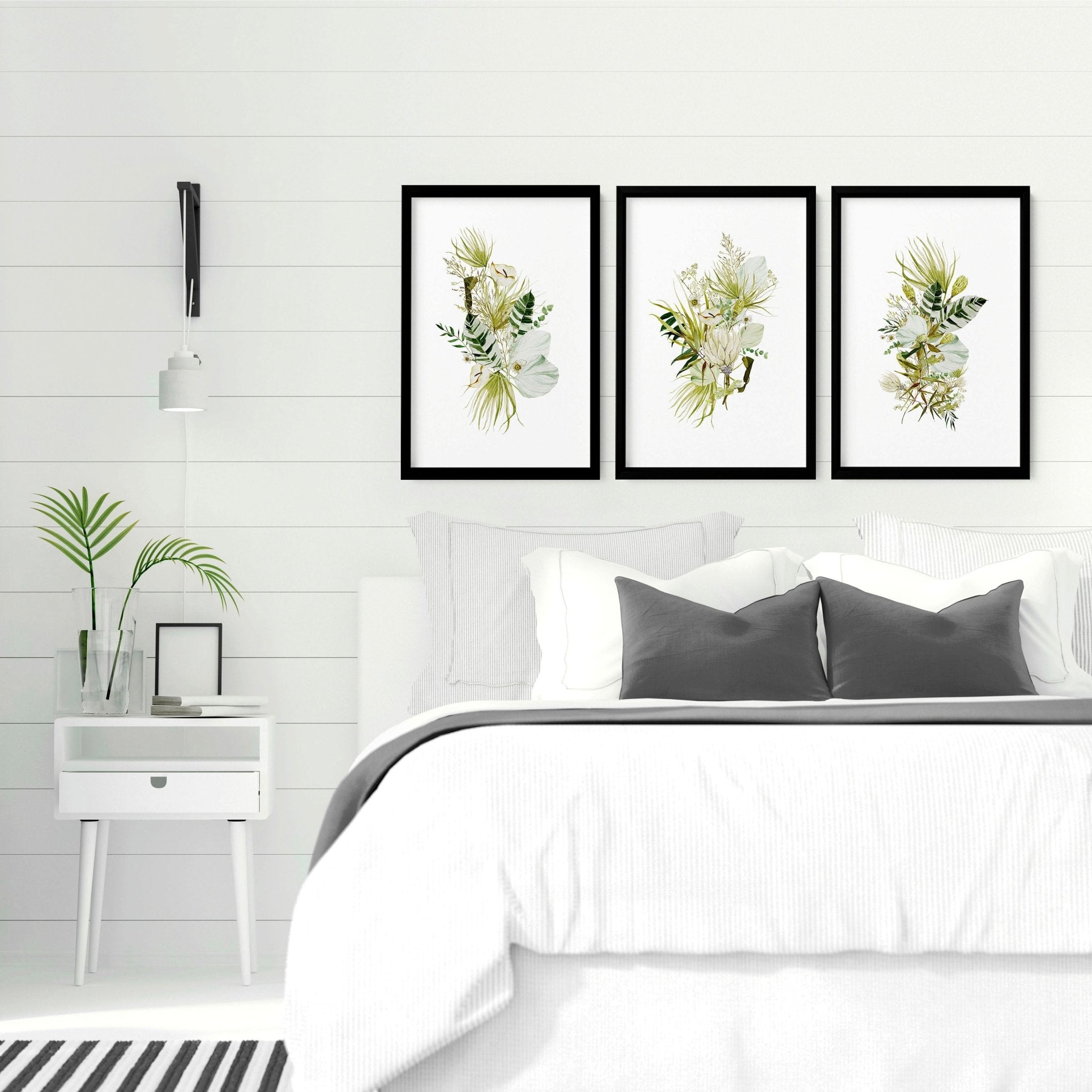 Set of 3 botanical wall art prints in lime green tones, showcasing intricate watercolor illustrations, perfect for farmhouse bedroom decor.