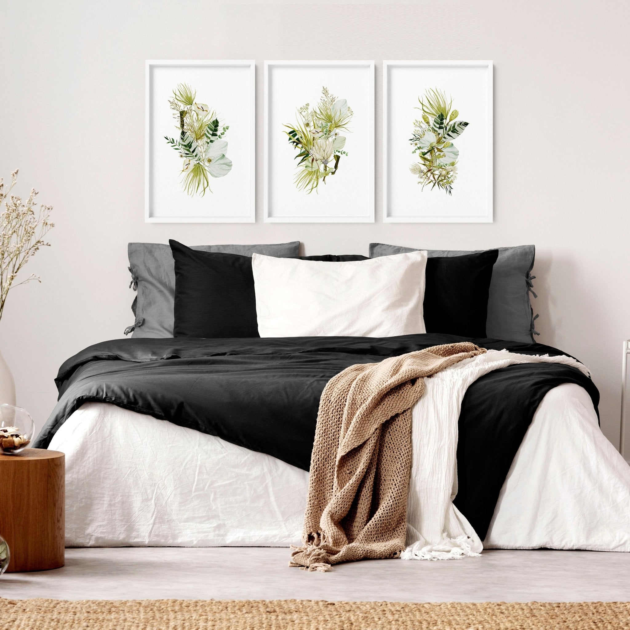 Set of 3 botanical wall art prints in lime green tones, showcasing intricate watercolor illustrations, perfect for farmhouse bedroom decor.