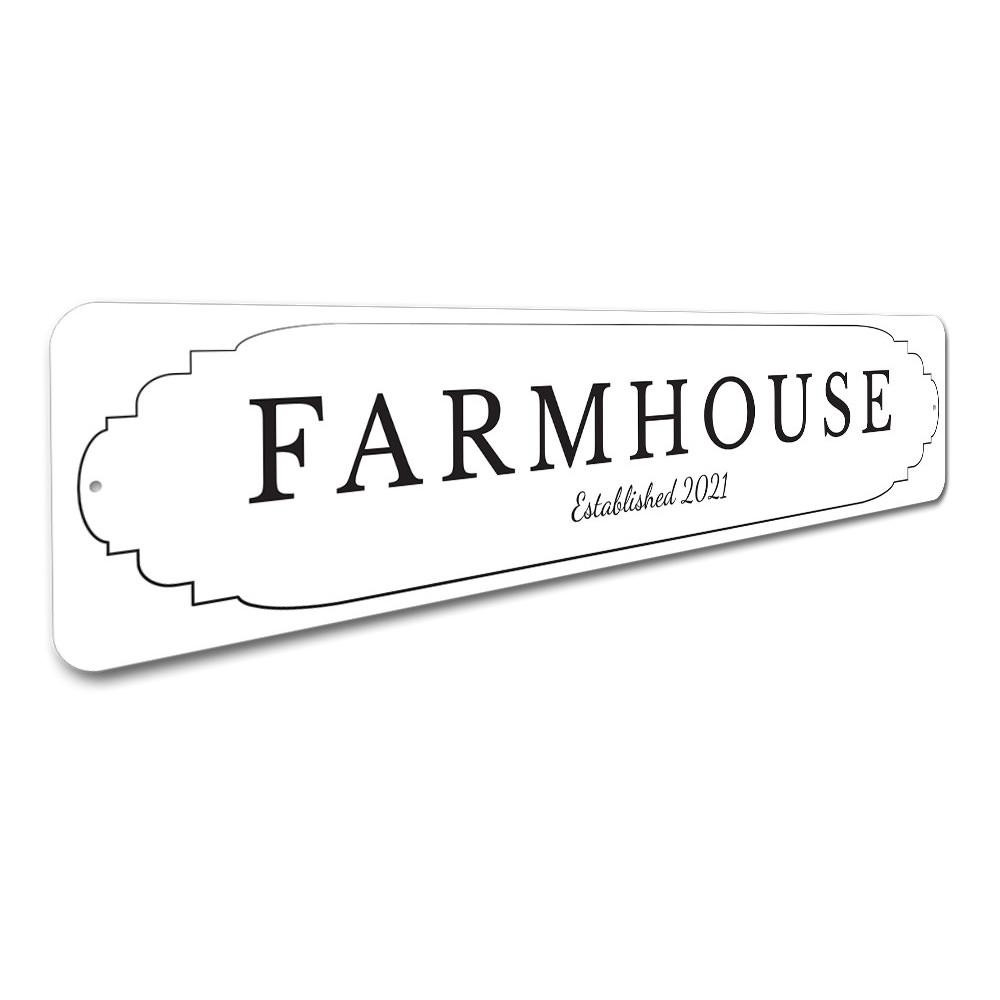 Farmhouse Established Sign made of quality aluminum, featuring customizable text and pre-drilled holes for easy mounting.