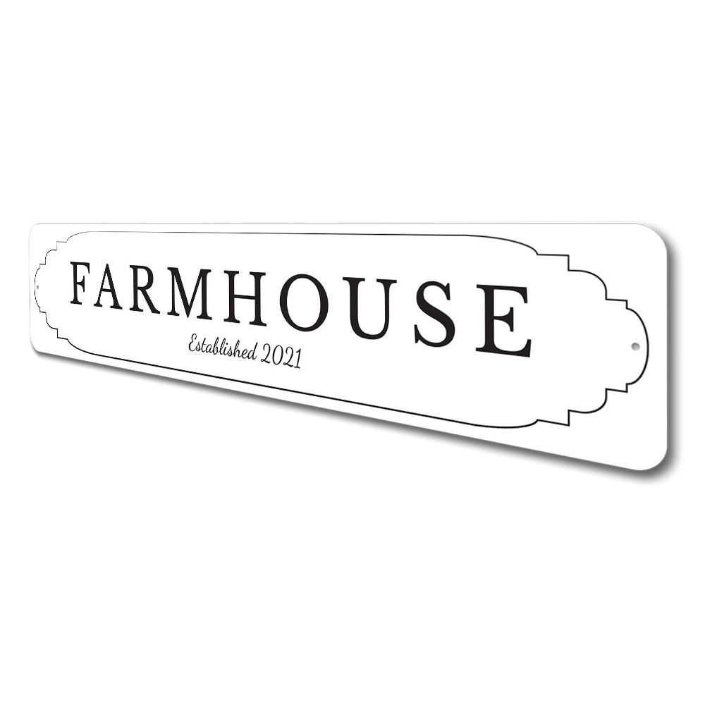 Farmhouse Established Sign made of quality aluminum, featuring customizable text and pre-drilled holes for easy mounting.