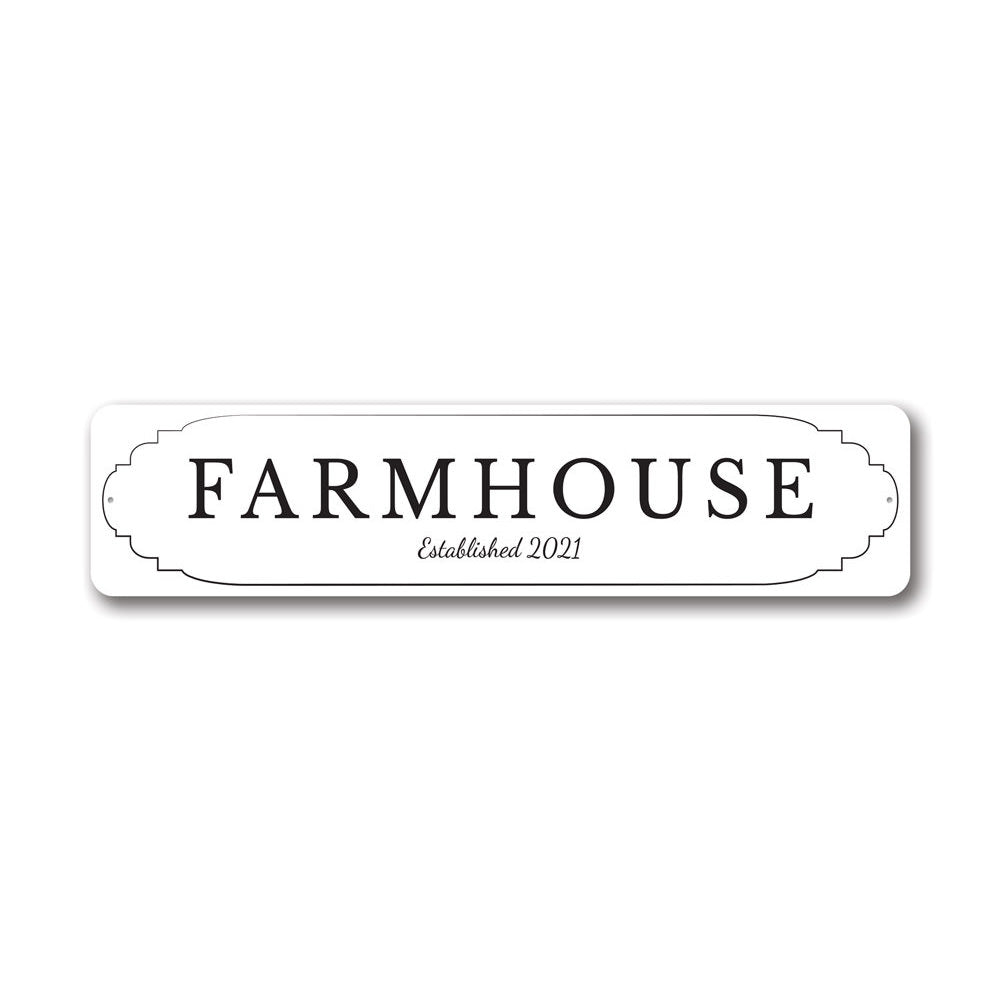 Farmhouse Established Sign made of quality aluminum, featuring customizable text and pre-drilled holes for easy mounting.