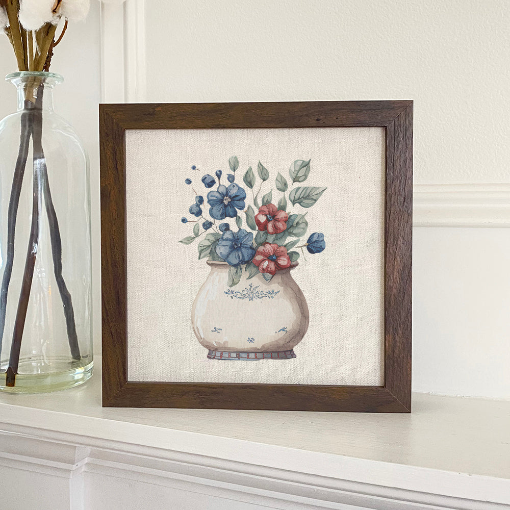 Farmhouse Flowers Framed Sign with a stylized wood frame and linen-look background, perfect for shelf or wall display.