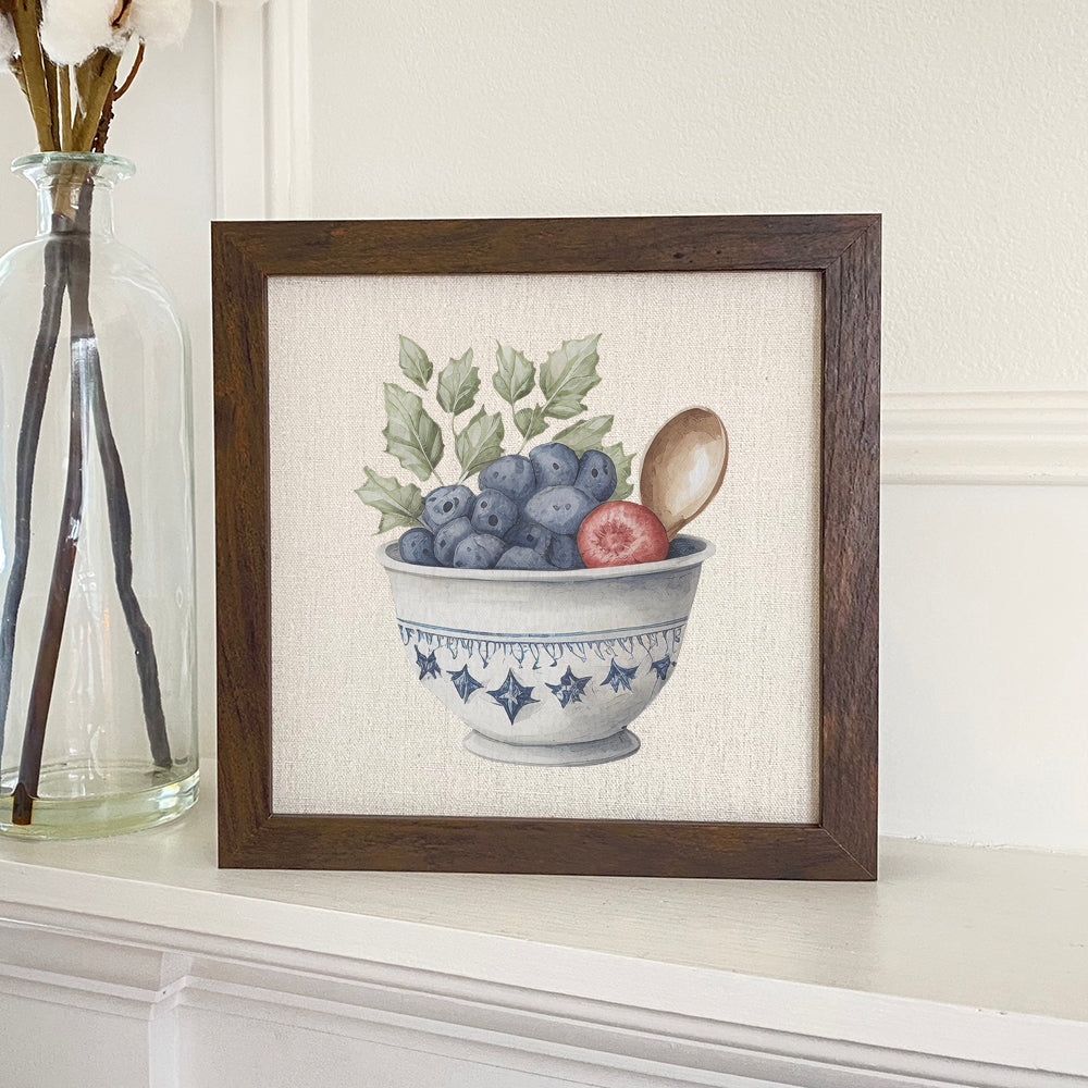 Farmhouse Fruit Bowl framed sign with a stylized wood frame and linen-look background, perfect for kitchen decor.