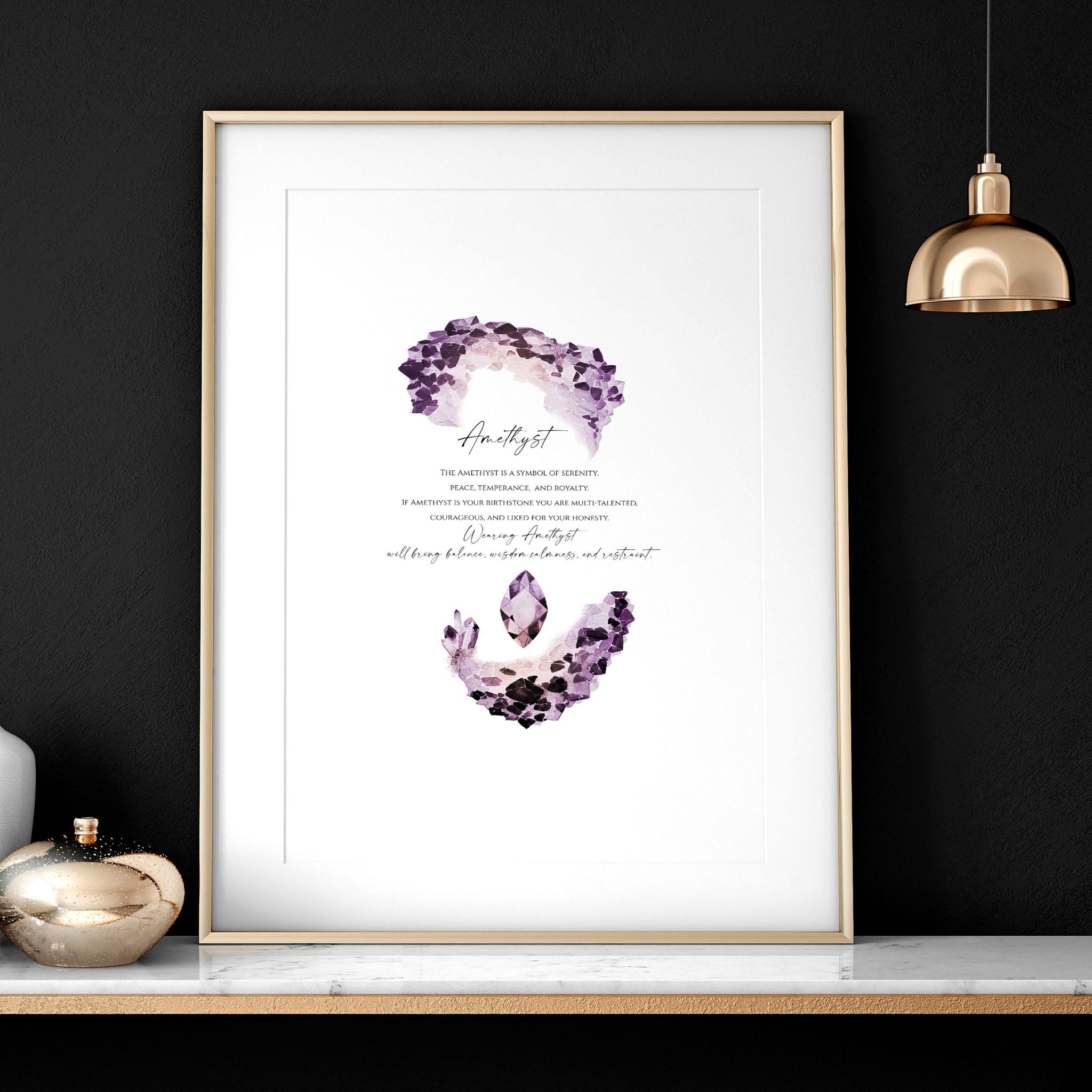 A vibrant February Birthstone Amethyst wall art print featuring deep purple hues and intricate design, perfect for home decor.