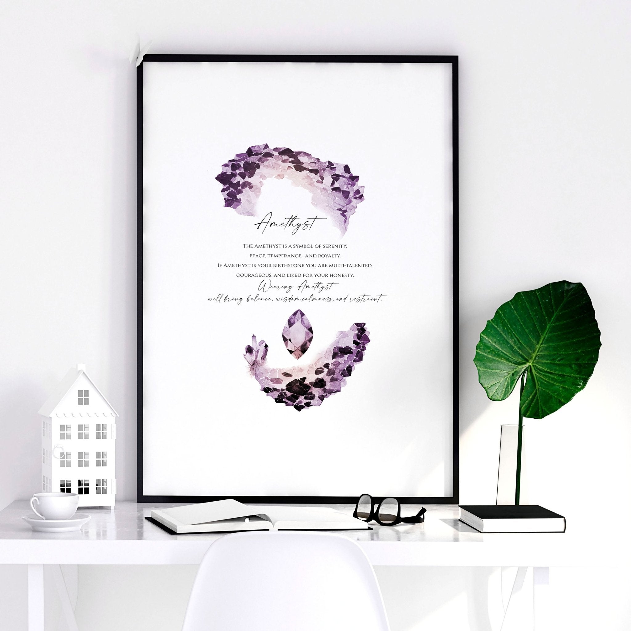 A vibrant February Birthstone Amethyst wall art print featuring deep purple hues and intricate design, perfect for home decor.