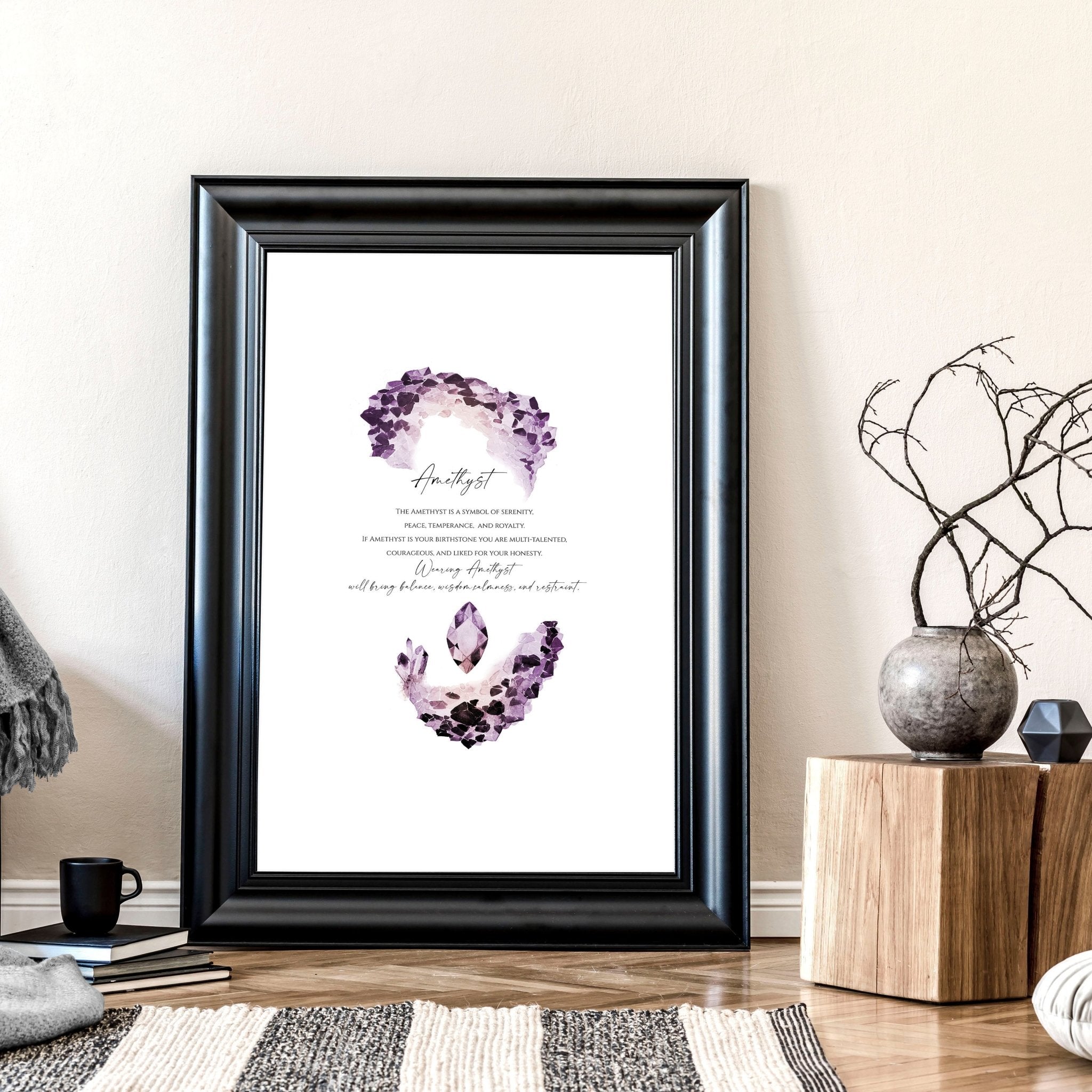 A vibrant February Birthstone Amethyst wall art print featuring deep purple hues and intricate design, perfect for home decor.