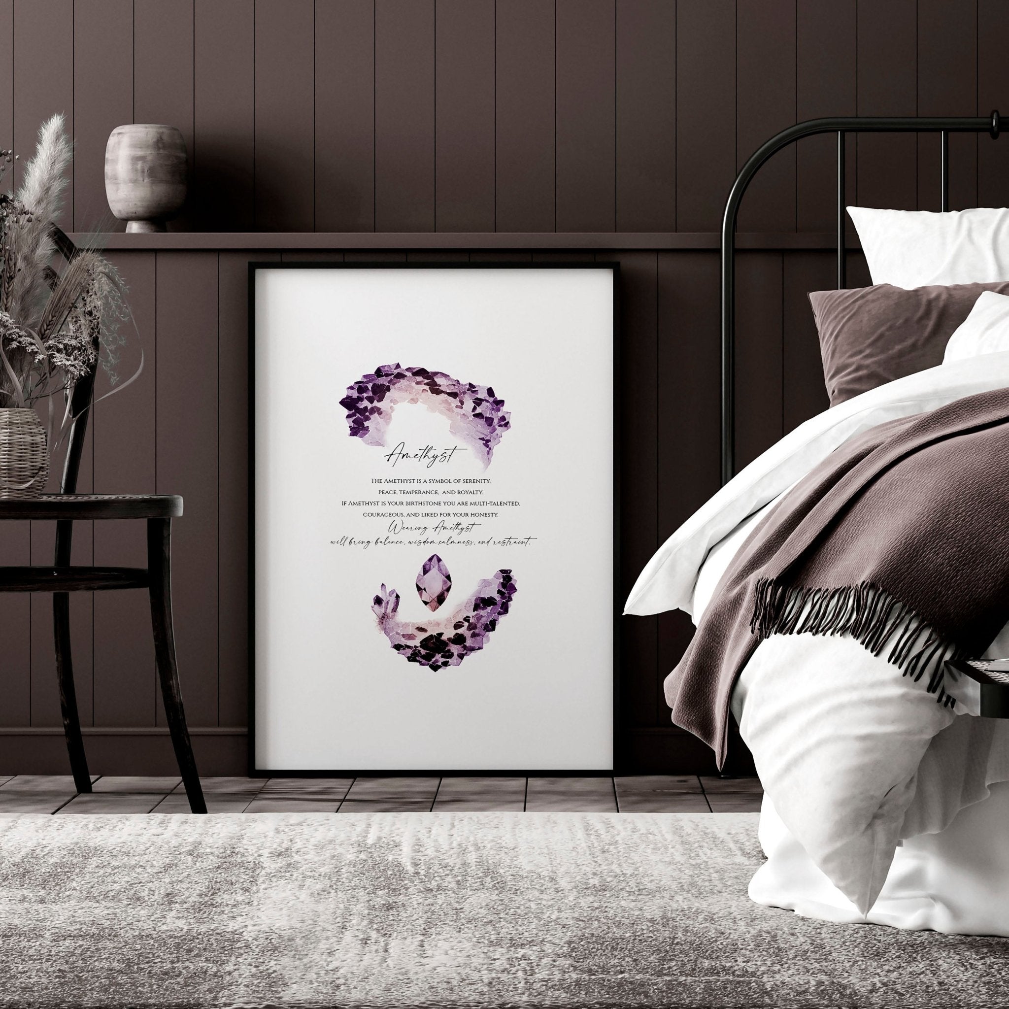 A vibrant February Birthstone Amethyst wall art print featuring deep purple hues and intricate design, perfect for home decor.