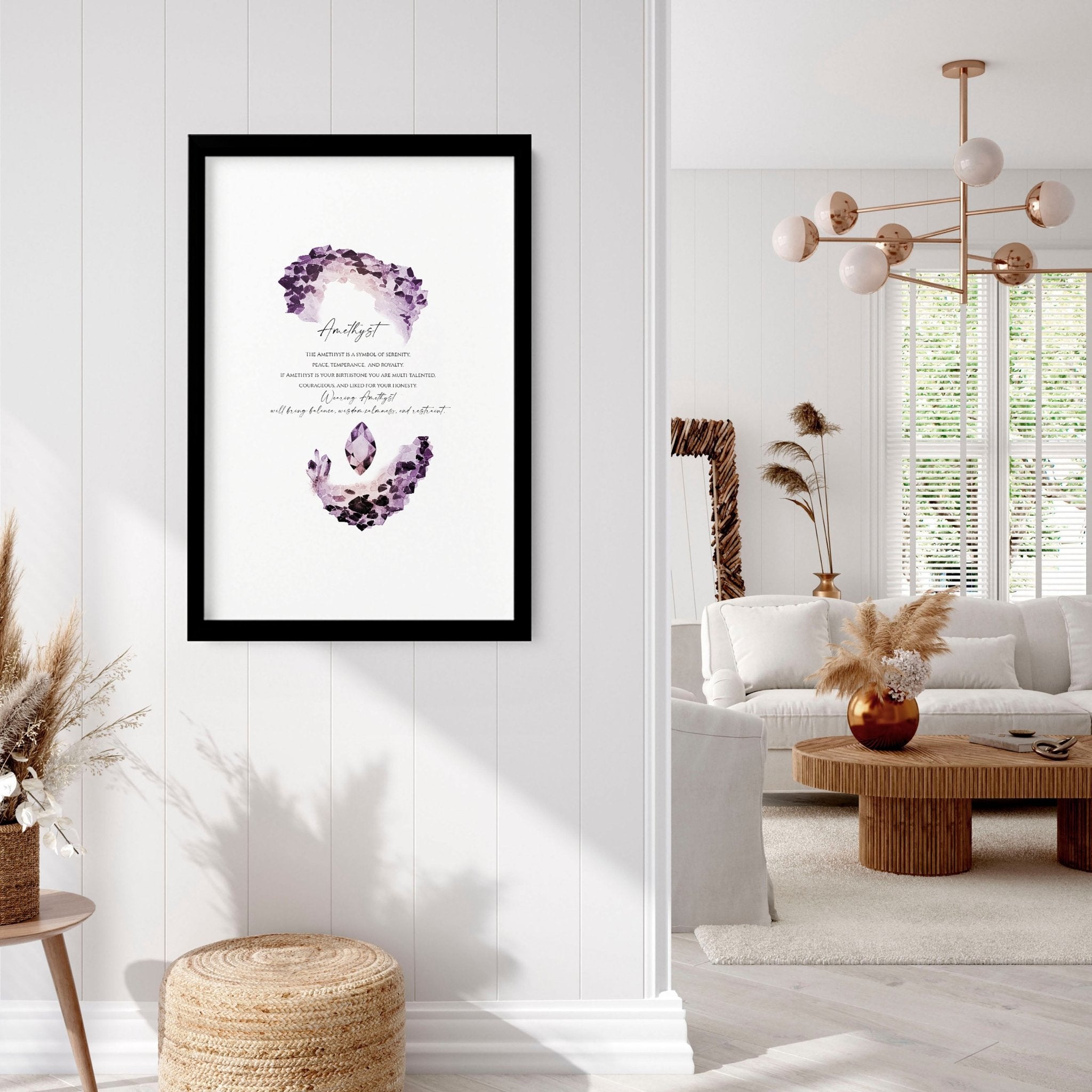 A vibrant February Birthstone Amethyst wall art print featuring deep purple hues and intricate design, perfect for home decor.
