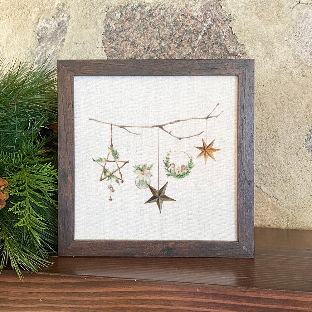 Festive Branch framed sign with a stylized wood frame, eco-friendly printed design on a linen-look background, available in walnut and white-washed options.