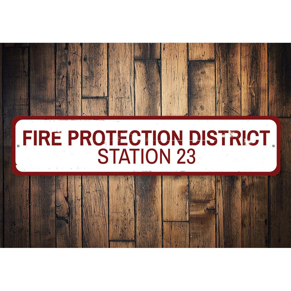 Custom Fire Protection District Sign made of durable aluminum, featuring pre-drilled holes for easy mounting, showcasing vibrant colors and personalized text.