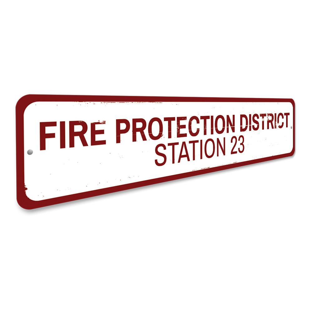 Custom Fire Protection District Sign made of durable aluminum, featuring pre-drilled holes for easy mounting, showcasing vibrant colors and personalized text.