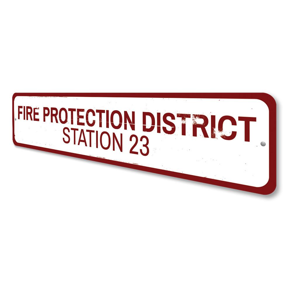 Custom Fire Protection District Sign made of durable aluminum, featuring pre-drilled holes for easy mounting, showcasing vibrant colors and personalized text.