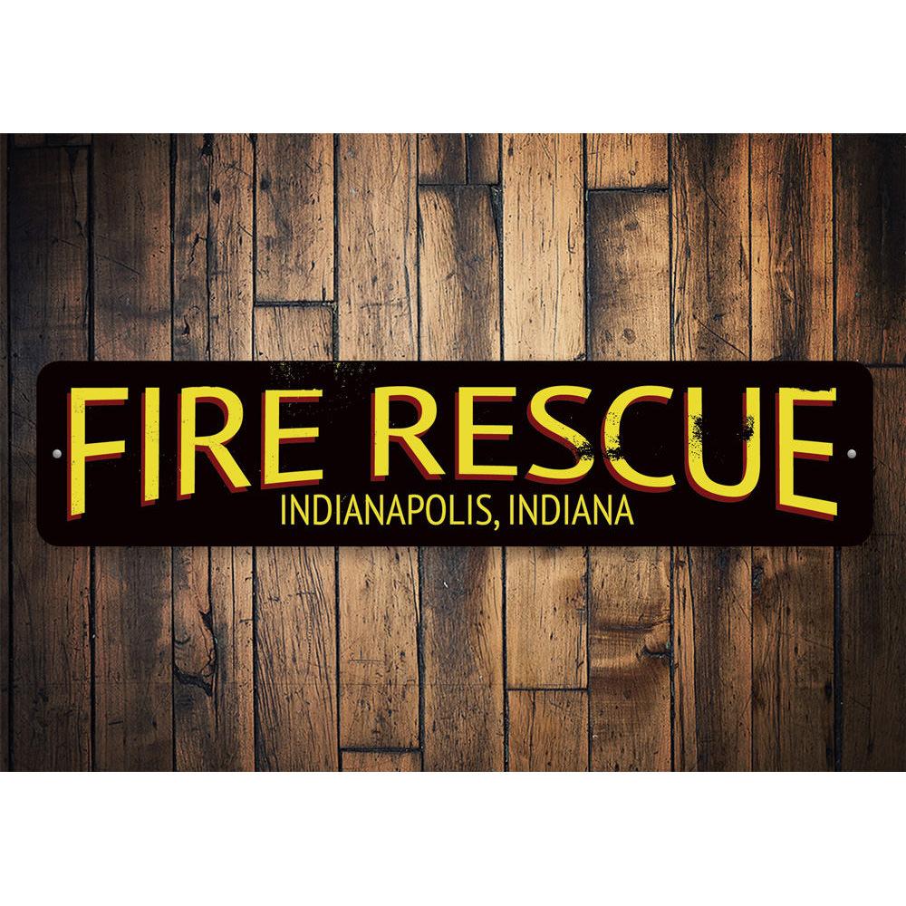 Fire Rescue City State Sign made of high-quality aluminum, featuring customizable text and pre-drilled holes for easy mounting.
