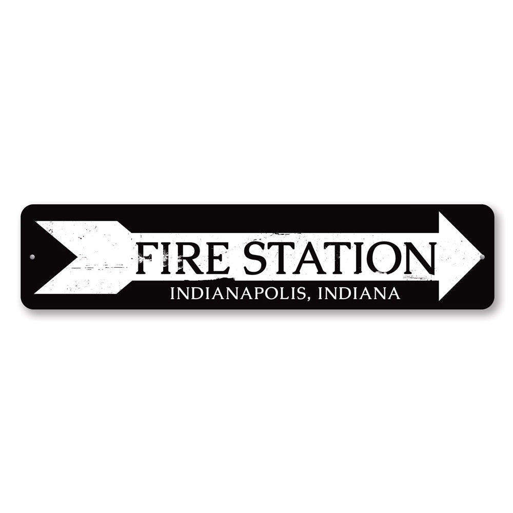 Fire Station Arrow Sign made of high-quality aluminum, featuring a bold arrow design, perfect for home or garage decor.