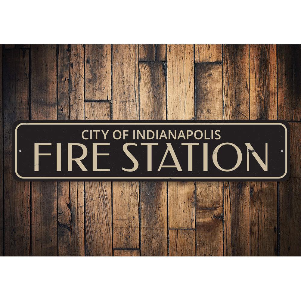 Fire Station City Sign made of high-quality aluminum, featuring customizable text and pre-drilled holes for easy mounting.