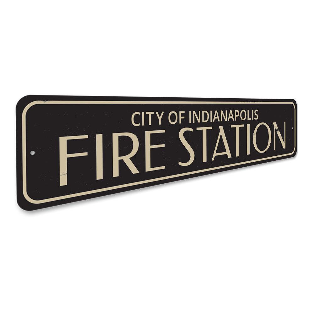 Fire Station City Sign made of high-quality aluminum, featuring customizable text and pre-drilled holes for easy mounting.