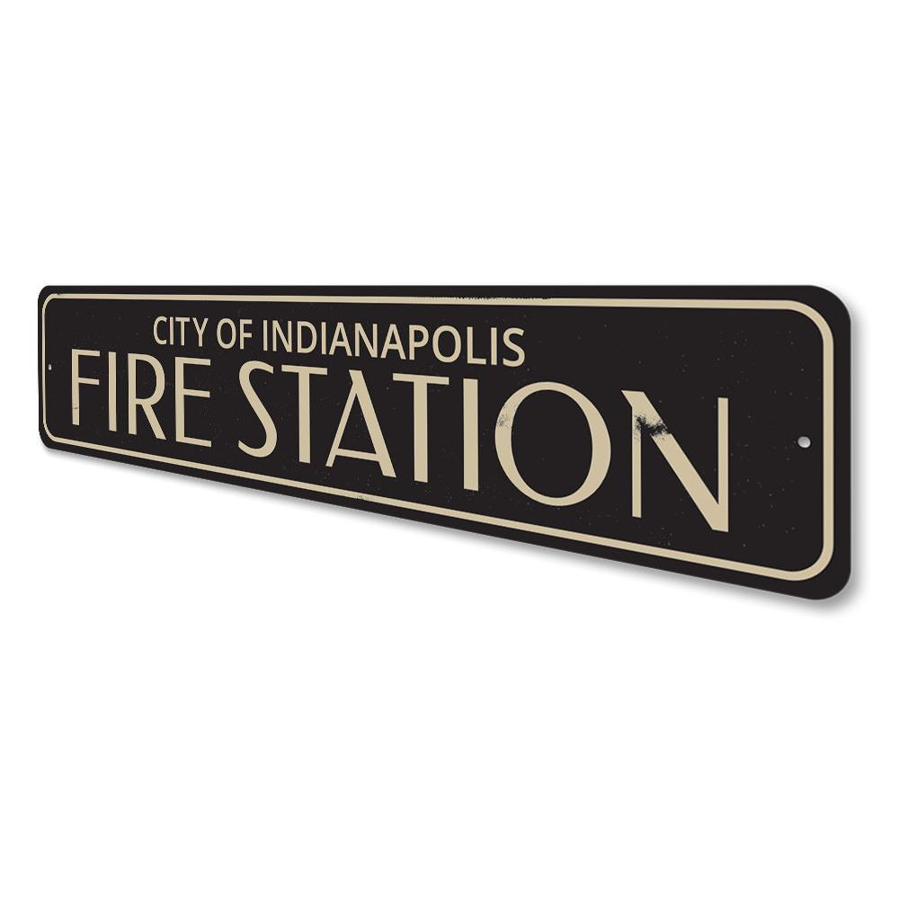 Fire Station City Sign made of high-quality aluminum, featuring customizable text and pre-drilled holes for easy mounting.