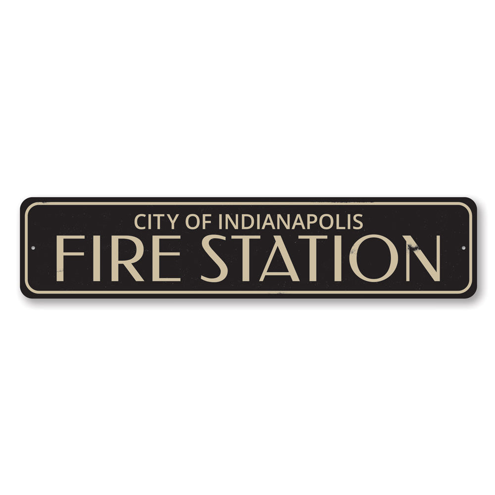 Fire Station City Sign made of high-quality aluminum, featuring customizable text and pre-drilled holes for easy mounting.