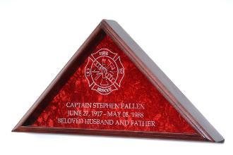 Mahogany Firefighter Flag Display Case showcasing a folded burial flag, elegantly designed for honoring service.