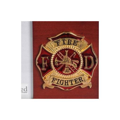Firefighter Medallion 4 by 6 Desktop Picture Frame in mahogany wood, featuring a small firefighter medallion and double layer matting.
