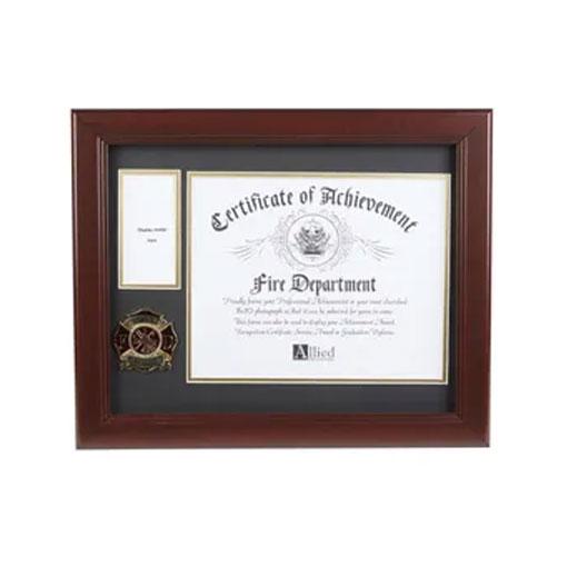 Elegant mahogany firefighter medallion certificate frame with gold trim, displaying an 8x10 document and a small medal.