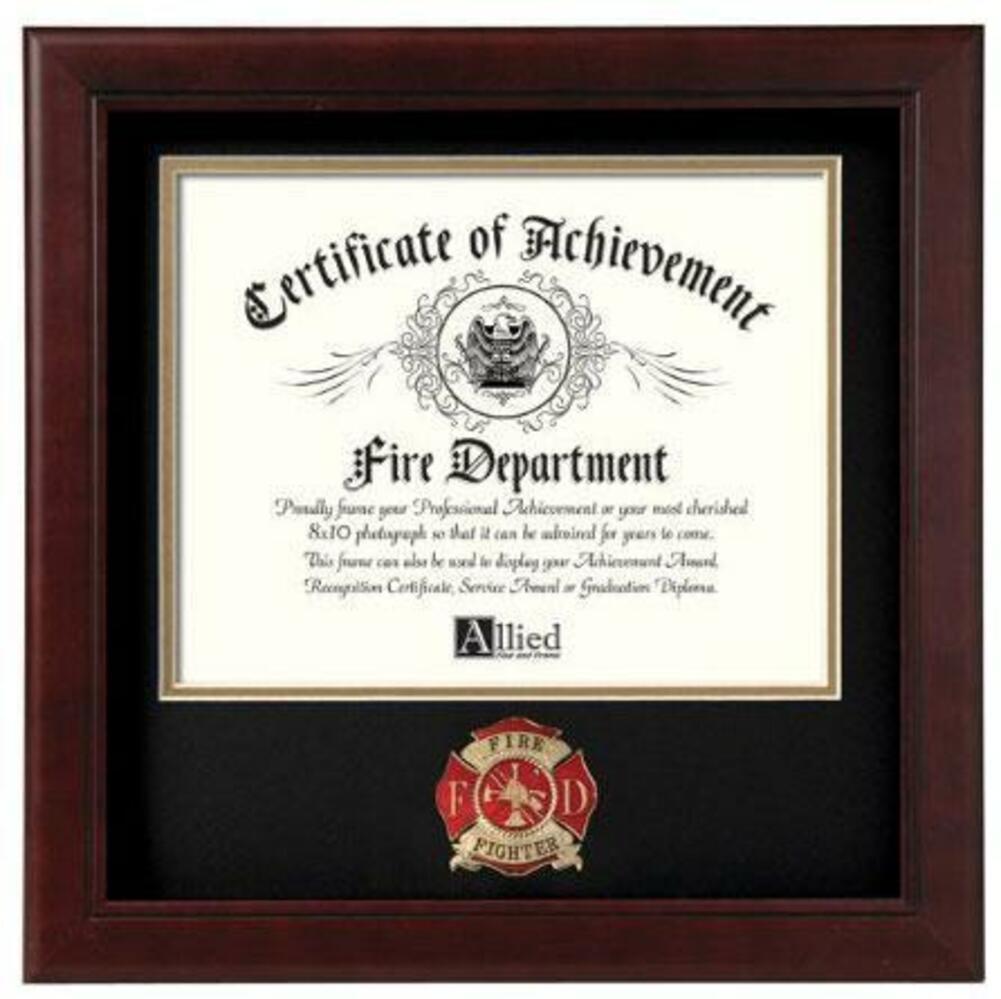 Handmade firefighter medallion certificate frame with mahogany wood and gold trim, displaying an 8x10 certificate.