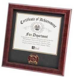 Elegant mahogany firefighter medallion certificate frame with black matting and gold trim, displaying an 8x10 inch document.