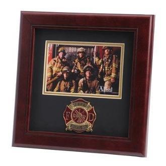 Firefighter Medallion Landscape Picture Frame with black matting and gold trim, displaying a 4x6 photo.