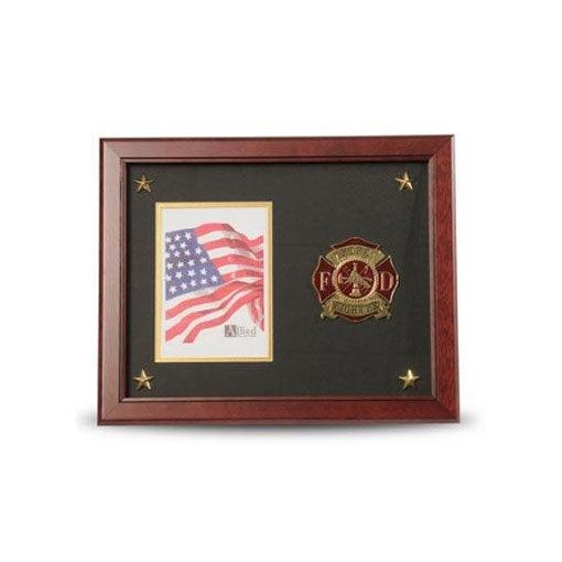 Firefighter Medallion Picture Frame with Stars, featuring a mahogany wood finish and gold trim, designed for a 5x7 inch photo.