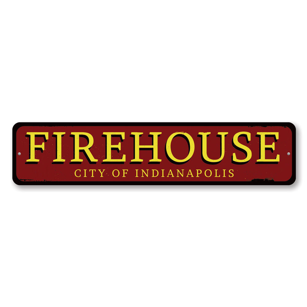 Customizable Firehouse City Sign made from high-quality aluminum, featuring pre-drilled holes for easy mounting.