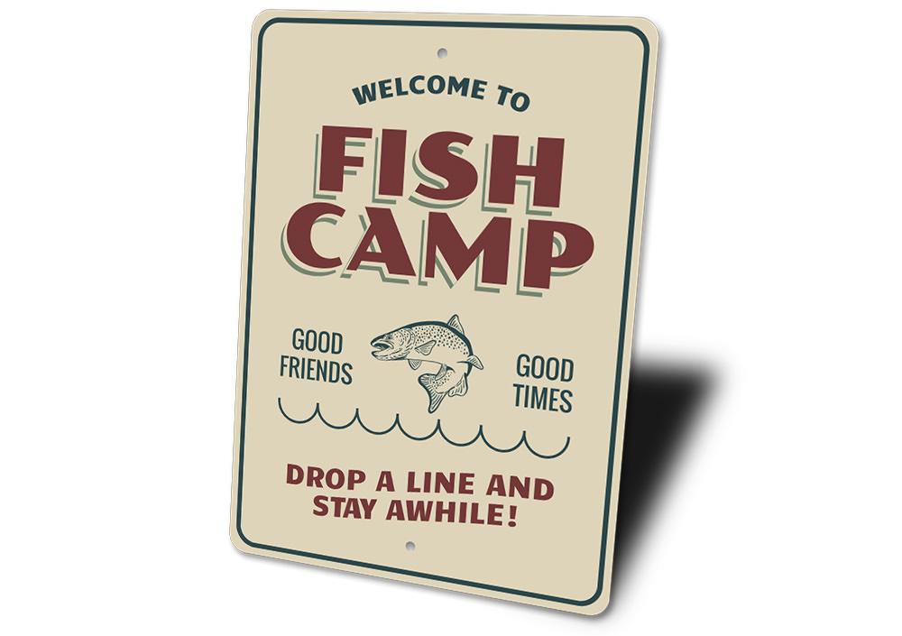 Fish Camp Welcome Sign made of high-quality aluminum, featuring a rustic design perfect for lakehouse decor.