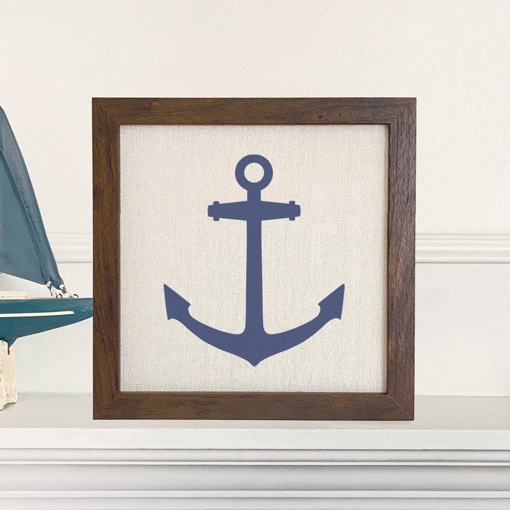Fisherman's Anchor framed sign with a wood frame, eco-friendly printing, and a linen-look background, perfect for home decor.