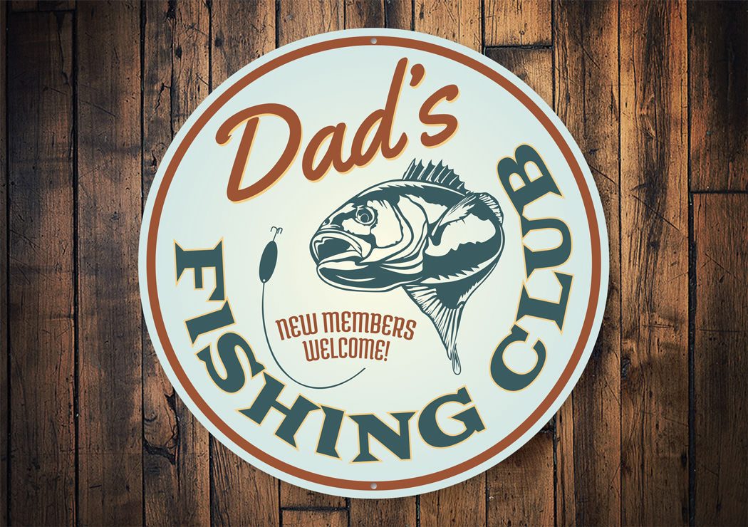 Fishing Club New Members Welcome Sign made of high-quality aluminum, featuring customizable text and pre-drilled holes for easy mounting.