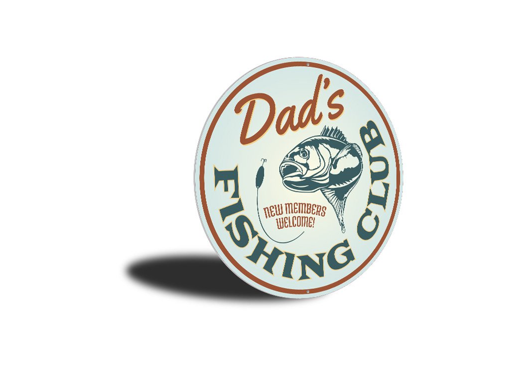 Fishing Club New Members Welcome Sign made of high-quality aluminum, featuring customizable text and pre-drilled holes for easy mounting.