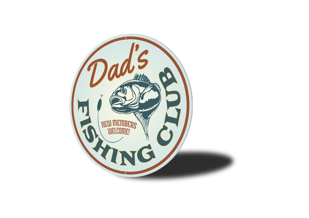 Fishing Club New Members Welcome Sign made of high-quality aluminum, featuring customizable text and pre-drilled holes for easy mounting.
