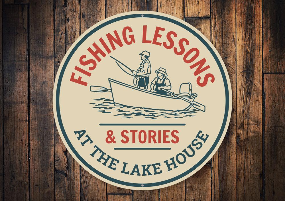 Fishing Lessons Sign made of durable aluminum, featuring customizable text and pre-drilled holes for easy mounting, perfect for lakehouse decor.