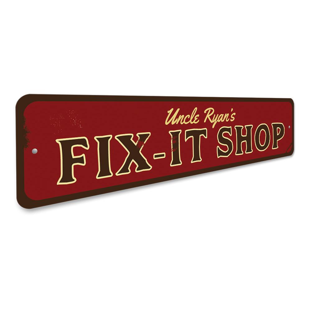 A customizable Fix it Shop Sign made of high-quality aluminum, featuring pre-drilled holes for easy mounting, showcasing vibrant colors and unique text options.