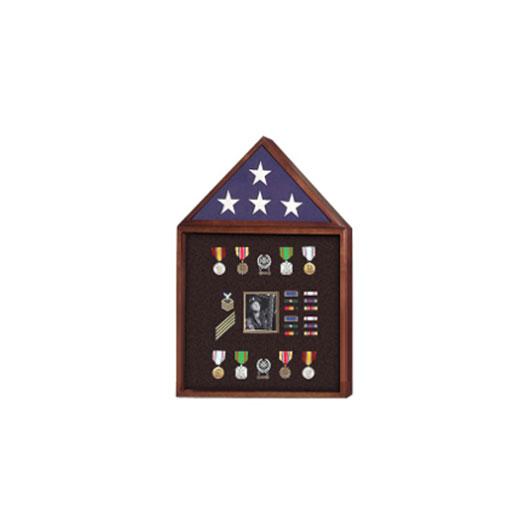 A beautifully crafted Flag and Badge display case made of Oak, Walnut, or Cherry, showcasing a military flag with a vibrant background.